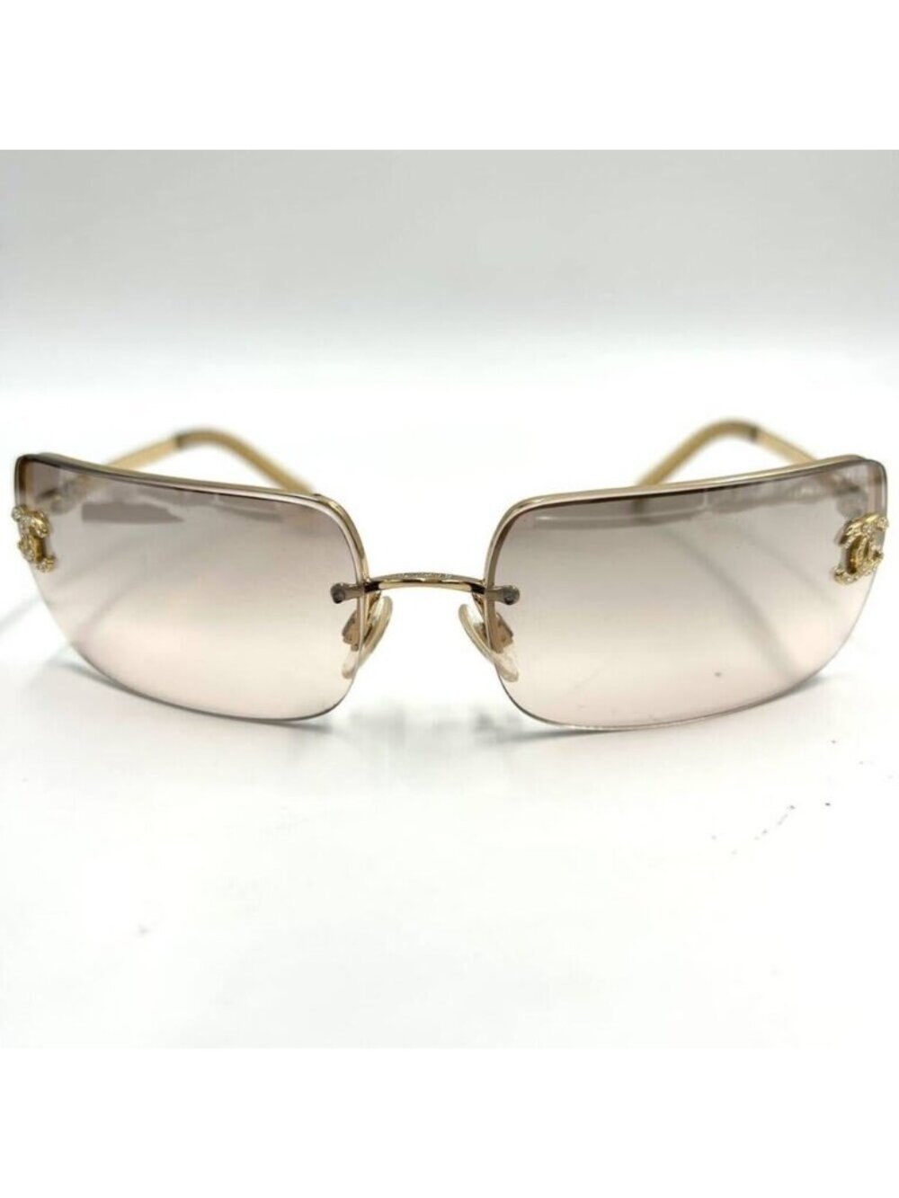 Chanel Vintage Sunglasses Rhinestone CC Logo Rimless Gradient Gold Y2 - Picture 5 of 10